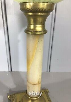 Antique Oil Lamp Vaseline Glass Font Marble And Brass Column Base Kosmos Burner