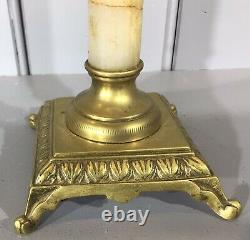 Antique Oil Lamp Vaseline Glass Font Marble And Brass Column Base Kosmos Burner