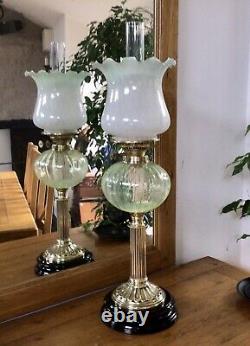Antique Oil Lamp Vaseline Glass Font Veritas Brass And Black Ceramic Base