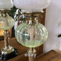 Antique Oil Lamp Vaseline Glass Font Veritas Brass And Black Ceramic Base