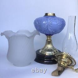 Antique Oil Lamp Veritas Brass And Ceramic Base Blue Moulded Glass Font Duplex