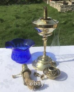 Antique Oil Lamp Veritas Brass Centre Draught Burner Cobalt Blue Glass Shade