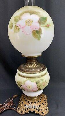 Antique Oil Lamp Victorian Light Hand Painted GWTW Parlor Floral Electrified