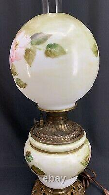 Antique Oil Lamp Victorian Light Hand Painted GWTW Parlor Floral Electrified