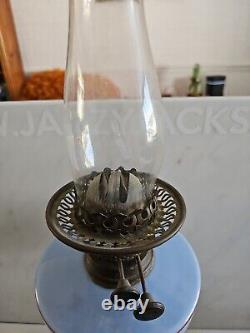 Antique Oil Lamp With Hand Painted Uranium Glass Tank Double Wick Burner