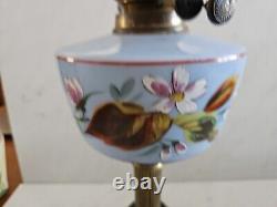 Antique Oil Lamp With Hand Painted Uranium Glass Tank Double Wick Burner