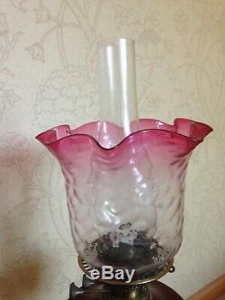 Antique Oil Lamp With Original Cranberry Glass Shade