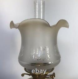 Antique Oil Lamp Youngs Duplex Burner Painted Glass Font Brass Base
