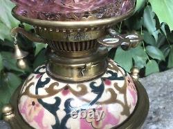 Antique Oil Lamp Zsolnay Persian Style Messengers No. 2 Burner Cranberry Shade
