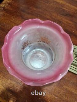 Antique Oil Lamp with Pink Cranberry Shade Missing Chimney Glass H72CM