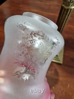 Antique Oil Lamp with Pink Cranberry Shade Missing Chimney Glass H72CM