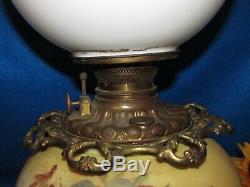 Antique Oil/kerosene Lamp Electrified Gwtw Hand Painted Ball Shade Clear Chimney