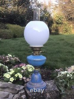 Antique Oil lamp Turquoise Opaline Glass Eltex Duplex Burner Milk Glass Shade