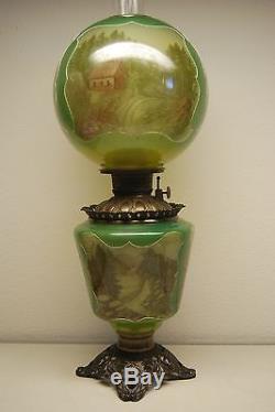 Antique Old Green Glass Kerosene Oil Gwtw Banquet Parlor Victorian Vintage Lamp
