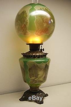 Antique Old Green Glass Kerosene Oil Gwtw Banquet Parlor Victorian Vintage Lamp