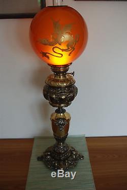 Antique Old Kerosene Oil Banquet Parlor Glass Victorian Gwtw Chinese Dragon Lamp
