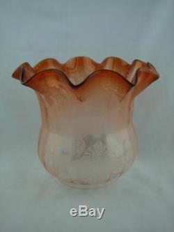 Antique Orange Etched & Ribbed Glass Tulip Shape Duplex Oil Lamp Shade 4 Rim