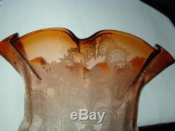 Antique Orange Etched & Ribbed Glass Tulip Shape Duplex Oil Lamp Shade 4 Rim
