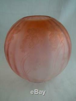 Antique Orange Ribbed & Etched Opalescent Glass Duplex Oil Lamp Globe Shade