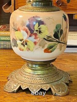 Antique Original 1890's Victorian HP Floral Pansies Oil Lamp