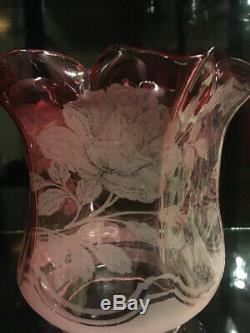 Antique Original English Duplex Cabbage Rose Cranberry Oil Lamp Shade 4 Inch Fit