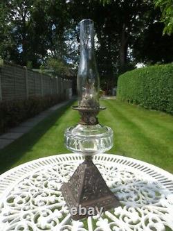 Antique Original Victorian Brass & Cut Glass Oil Lamp & Chimney