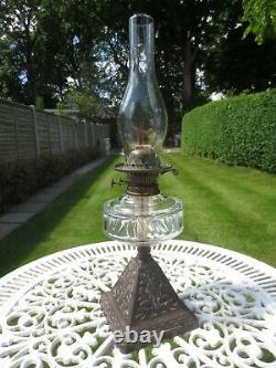 Antique Original Victorian Brass & Cut Glass Oil Lamp & Chimney