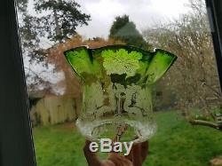 Antique Original Victorian Emerald Green Acid Etched Tulip Duplex Oil Lamp shade
