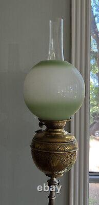 Antique Ornate Brass Piano Floor Oil Lamp Colorful Globe Shade Chimney 70 Tall