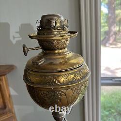 Antique Ornate Brass Piano Floor Oil Lamp Colorful Globe Shade Chimney 70 Tall