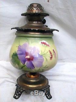 Antique Ornate Oil Fluid Banquet table Lamp Floral Painted Victorian Light