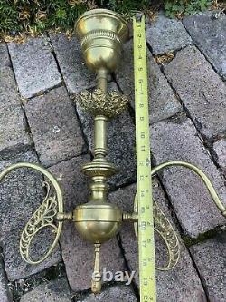 Antique Ornate Victorian Brass EARLY ELECTRIC 2 Arm Hanging Lamp Chandelier Oil