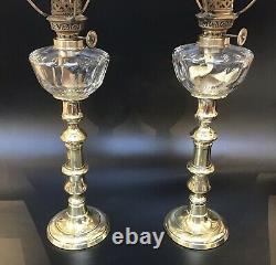 Antique Pair Of Cut Crystal Peg Oil Lamps Milk Glass Cowl Shades