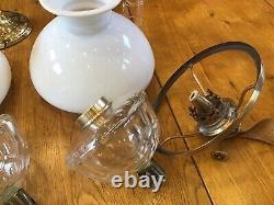 Antique Pair Of Cut Crystal Peg Oil Lamps Milk Glass Cowl Shades