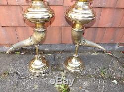 Antique Pair Of Victorian Oil Lamps With Horn Bases