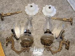 Antique Pair Victorian Wall Sconce Oil Lamps withBrackets, Reflectors & Top Shades