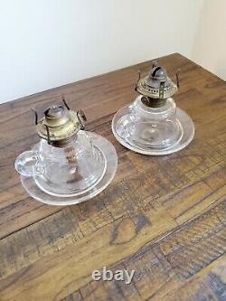 Antique Pair of EAPG Clear Glass Finger Oil Lamps 3 Tall, Burner Patented 1867