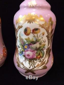 Antique Pair of Hand Painted Pink Wind Oil Lamp Gourd Shaped Vases Only, 9 1/2