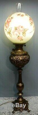 Antique Parlor Piano Banquet GWTW Oil Lamp Electrified Hand Painted Floral Shade