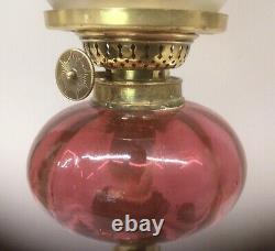 Antique Peg Oil Lamp Cranberry Font Brass Base. 2