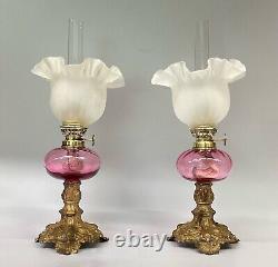 Antique Peg Oil Lamp Pair Cranberry Glass Fonts Gaudard Burners