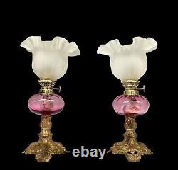 Antique Peg Oil Lamp Pair Cranberry Glass Fonts Gaudard Burners