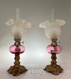 Antique Peg Oil Lamp Pair Cranberry Glass Fonts Gaudard Burners