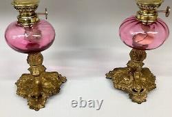 Antique Peg Oil Lamp Pair Cranberry Glass Fonts Gaudard Burners