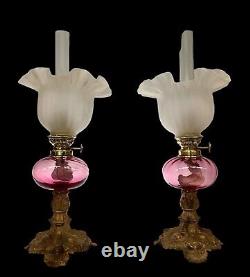 Antique Peg Oil Lamp Pair Cranberry Glass Fonts Gaudard Burners