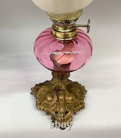 Antique Peg Oil Lamp Pair Cranberry Glass Fonts Gaudard Burners