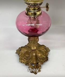 Antique Peg Oil Lamp Pair Cranberry Glass Fonts Gaudard Burners