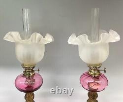 Antique Peg Oil Lamp Pair Cranberry Glass Fonts Gaudard Burners