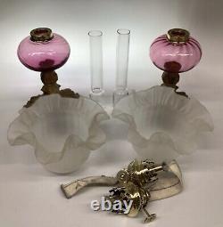 Antique Peg Oil Lamp Pair Cranberry Glass Fonts Gaudard Burners