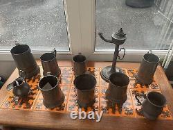 Antique Pewter Whale Oil Lamp And Job Lot Tankards
